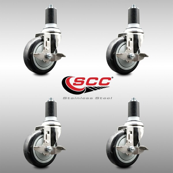 Service Caster 4 Inch 316SS Black Poly Swivel 1-1/2 Inch Expanding Stem Caster Set Brake SCC SCC-SS316EX20S414-PPUB-BLK-TLB-112-4 - main